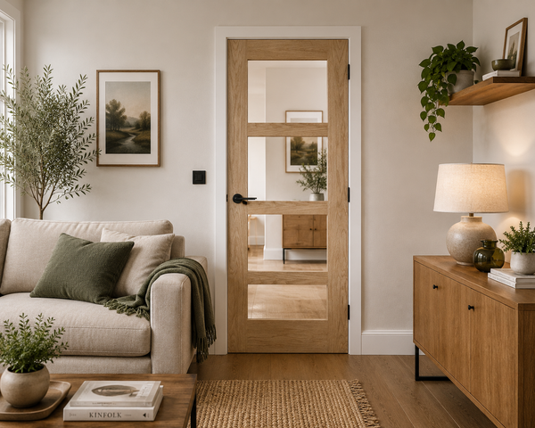 Internal Oak Shaker 4 Panel Door with Clear Glass Unfinished