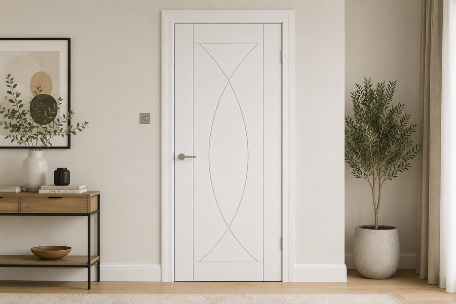 Shaker 4 panel white primed internal door in a hallway