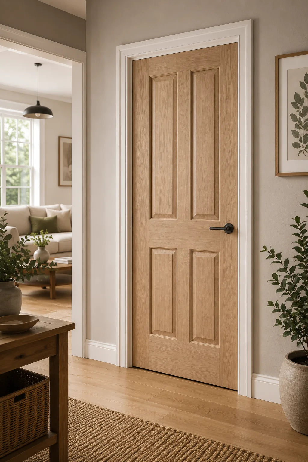 Victorian 4 panel pre-finished oak door fitted in a hallway