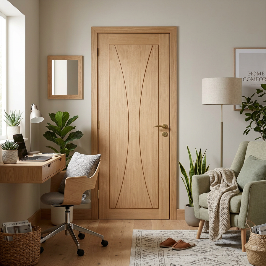 Pre-finished internal oak Worcester door in a living room
