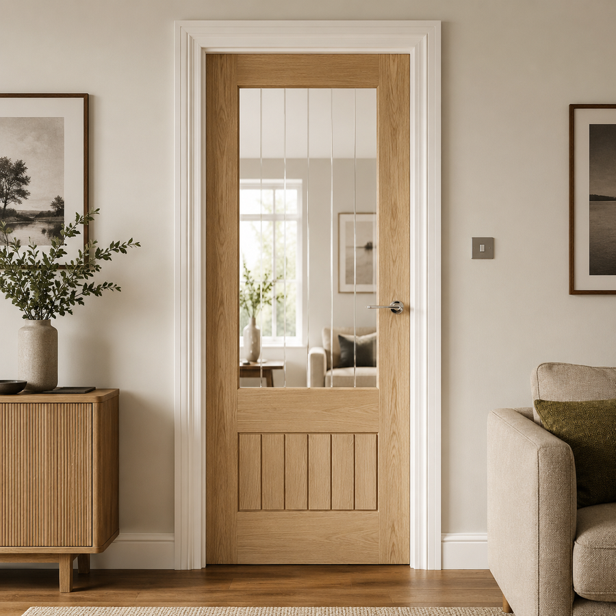 Suffolk Pattern 10 pre-finished oak door with clear etched glass