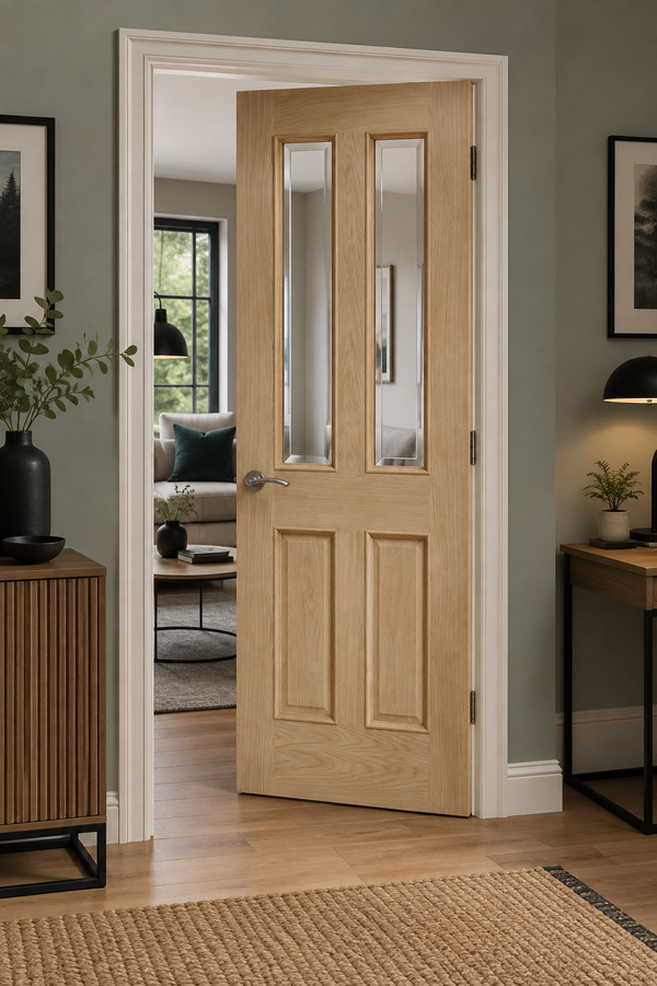 Malton With Raised Mouldings Internal Oak Door with Clear Bevelled Glass Unfinished
