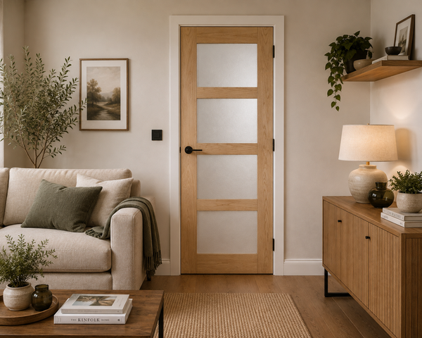 Internal Oak Shaker 4 Panel Door with Obscure Glass Unfinished