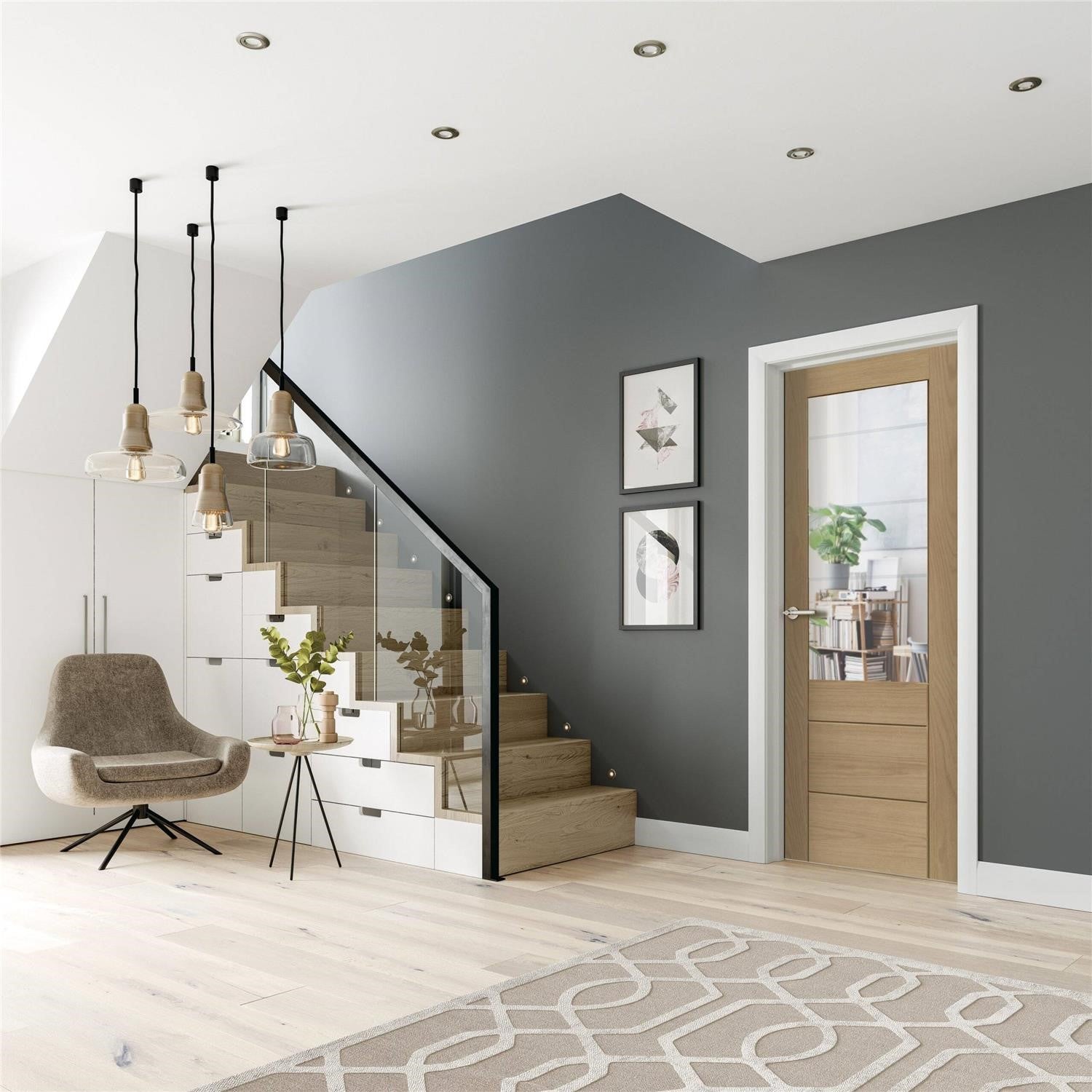 Internal Oak Pre-Finished Palermo 2XG Fire Door with Clear Etched Glass