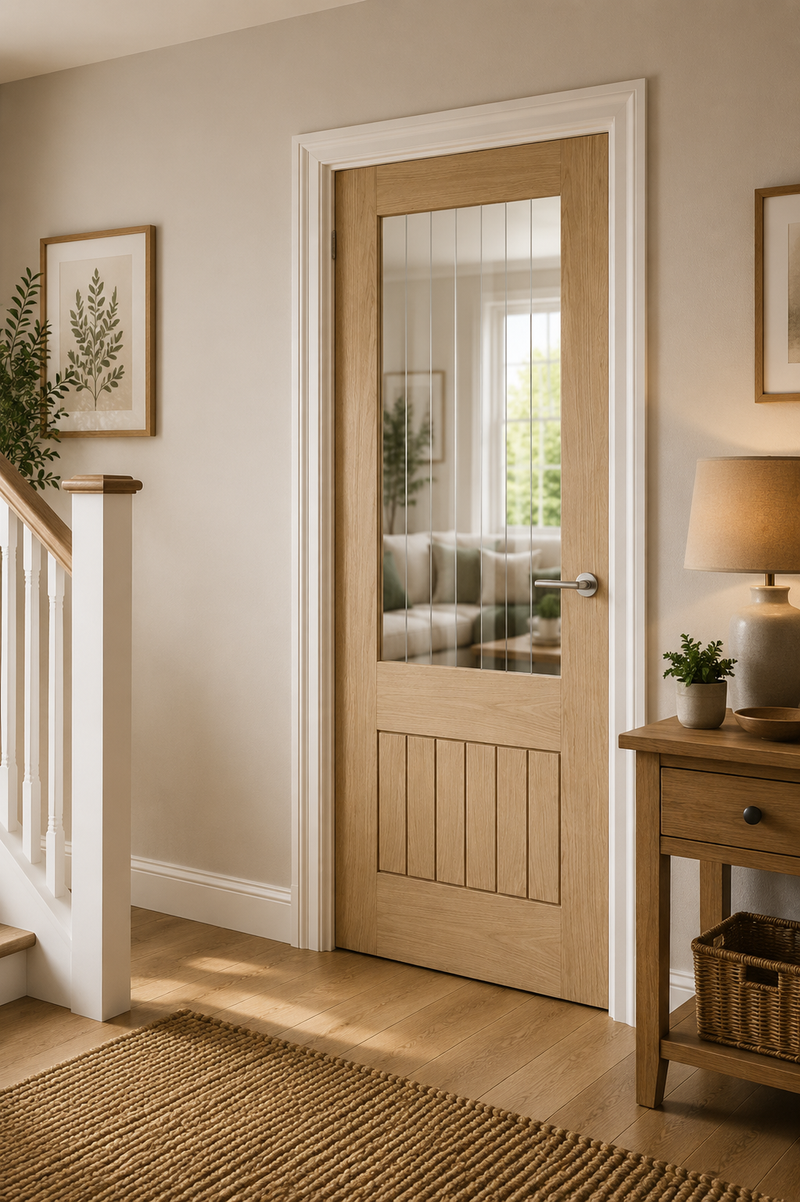 Suffolk Essential 2XG Pre-Finished Internal Oak Door with Clear Etched Glass