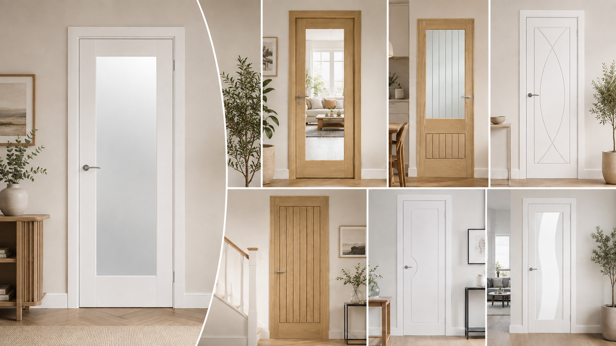 Pre-finished internal oak Worcester door with clear glass, fitted in a bright hallway