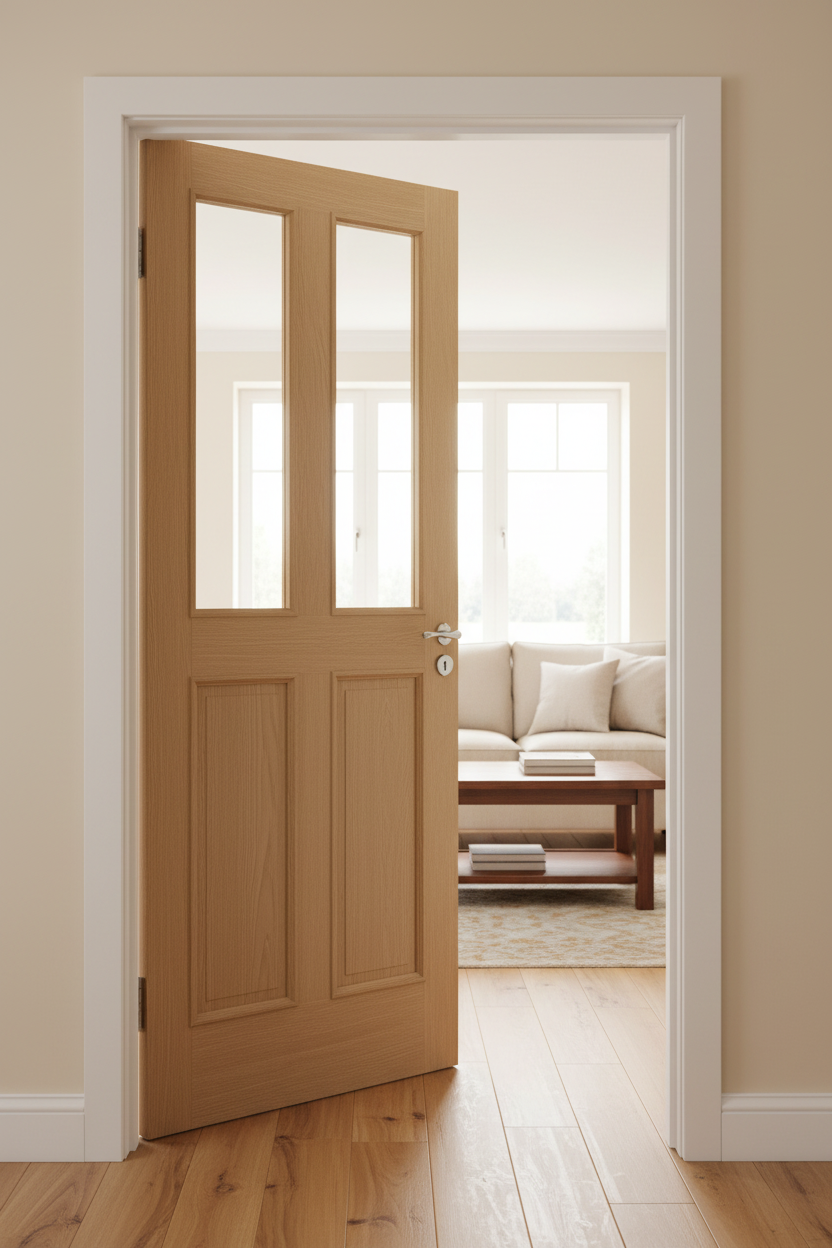 Oak 2 Panel 2 Light Clear Door Open