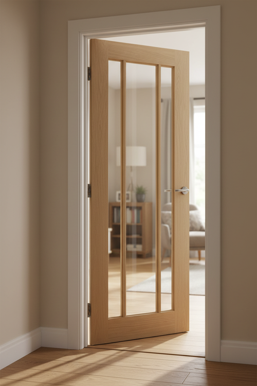 Oak Langdale Clear Glass Door Open - Properly Hung