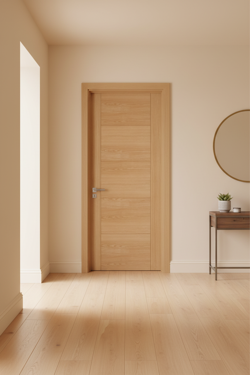 Oak Vancouver 5-Panel Door Closed in Full Wall