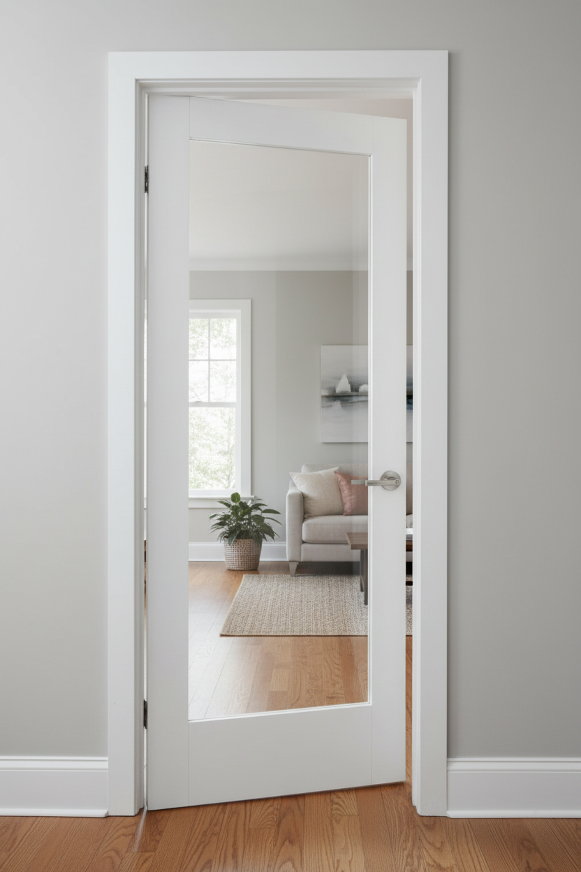 White shaker door with clear glass open