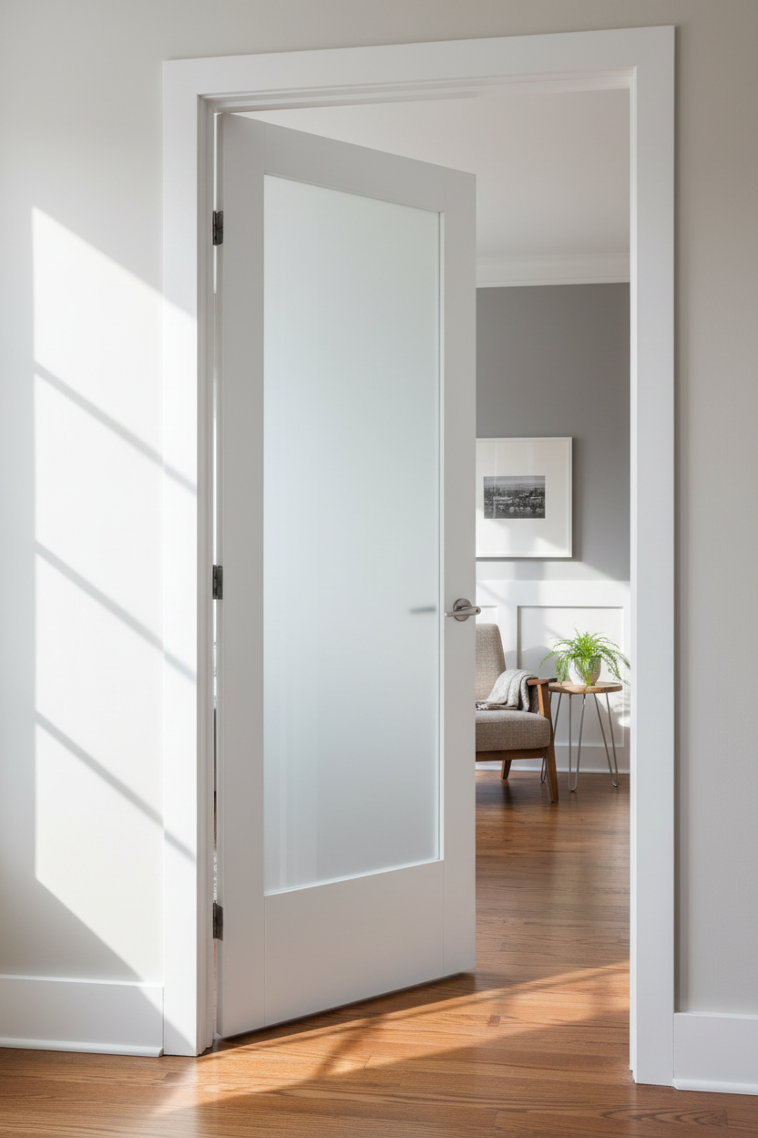 White shaker door with frosted glass and slim frame