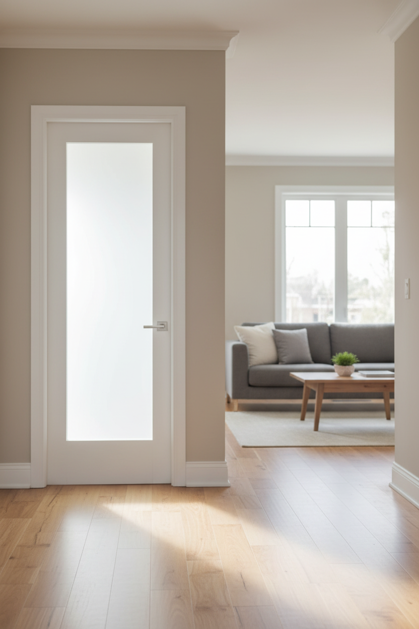 White shaker door with frosted glass in modern interior