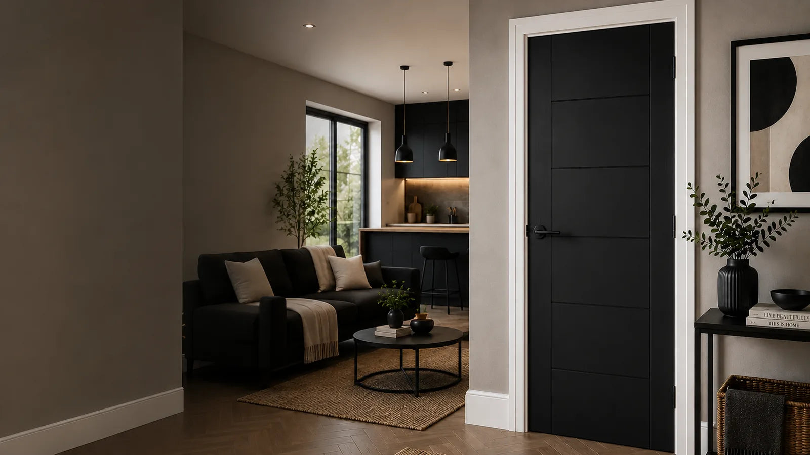 Matt black internal door fitted in a contemporary open-plan living space